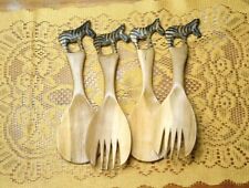 4 Vintage Zebra Wooden Salad Serving Forks & Spoons Hand Carved picture