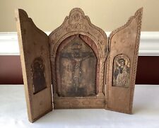 Antique Wood Triptych, Crucifixion Of Jesus & Archangels/ Christian Travel Icon picture