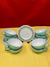 Vintage Texas Ware Turquoise Melmac Atomic Cup And Saucers Retro 8 piece picture