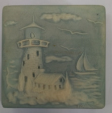 Vintage Incolay Stone Carved Cameo  Blue Jewelry Box With Ship & Light House picture