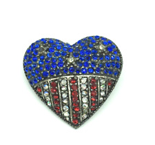 Patriotic Puffy Heart Pendant Rhinestones Gunmetal Gray Red White Blue Vtg picture