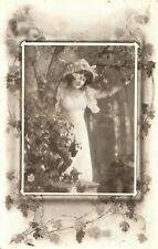 Vintage Postcard 1911  Young Woman in White Dress Holding onto a Tree picture