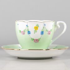 Vtg Royal Grafton Fine Bone China Tea Cup & Saucer Mint Green Floral Smiley Face picture