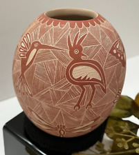 Mata Ortiz Pottery Aracely Ledezma Birds Lizard Etched Flamingo Mexican Line Art picture