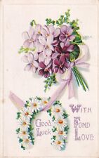 Vintage Good Luck W/Fond Love 1911 Postcard Purple Flowers Horse Shoe Daisey's picture