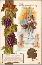 1910s THANKSGIVING Postcard Pilgrim Hunter w/ Turkey / Grapes NASH #T-15 Unused picture