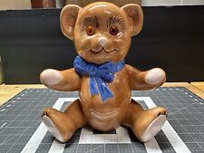 Vintage MCM Ceramic Teddy Bear With Orange Eyes Cute Blue Bow Tie Coin Bank picture