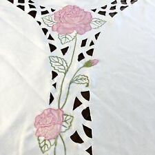 Vtg 60s Pink Rose Embroidered Appliqué Large Tablecloth Heavy Cottage Core picture