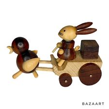 Vintage Wooden Toy Easter Goula Spain Bunny Rabbit Cart Pulled Chick 1976 3” picture