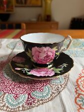 AYNSLEY footed cup & saucer bone china black pink cabbage rose gold trim 765788 picture