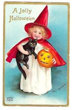 c1909 Signed Clapsaddle Halloween Postcard Young Witch Girl Holding Cat/Pumpkin picture