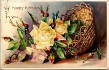 1907 A Happy Birthday To You Yellow Roses Basket Tuck Embossed Vintage Postcard picture