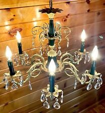 Antique/Vtg 1930's-50's Victorian Spanish/French Brass Crystal Black Chandelier picture