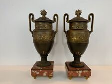 Ant Pair of French Spelter Urns on Rouge Marble Bases w/ Scrolling Cherub Dec. picture