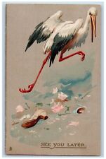 Stork Postcard See You Later Flowers Tuck c1910's Unposted Antique picture