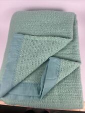 Vintage Aqua Turquoise  Blanket Satin Trim Thermal Waffle Weave 88x97 Rare picture
