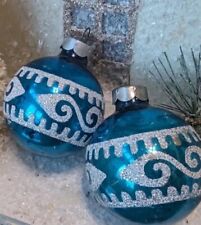 Vtg Blue White Stencil Glass Christmas Ornament Greek Key Lot 2 Mica Shiny Brite picture