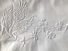 Vintage White Cotton Bolster Case Thistles Hand Embroidered Thistles Both Ends picture