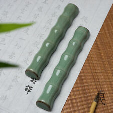 2 Pcs Bamboo Longquan Celadon Ceramics Paperweights Brush Rest Calligraphy Tool picture