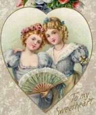 John Winsch Valentine Postcard 2 Lovely Girls in a Heart Holding Fan Embossed picture
