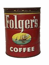 Vintage 1952 FOLGER'S 2 lb.  Empty Coffee Can & LID -Pic Of Ship Sailing- CANCO picture