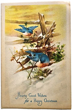 Postcard Gibson Arts Happy Christmas Blue birds on Fence Snow Hearty Good Wishes picture