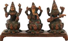 Antique Three Auspicious Deities  Lakshmi Ganesha Saraswati Brass Statue picture