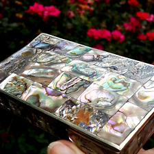 VTG Mexican Abalone Alpaca Silver Jewel Box Wood Lined Footed picture