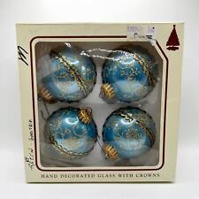 Rare VNTG Set of 4 KREBS Hand Blown Glass Light Blue & Gold CHRISTMAS Ornaments picture