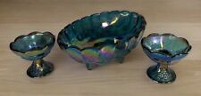 Vtg Blue Carnival Glass Fruit Bowl And Candle Holders picture