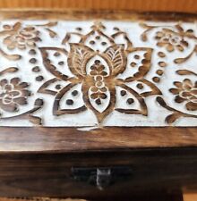 Hand Carved Jewelry Wooden Box With Lotus Inlay Painted Hinged New 6x4x3 Tarot  picture