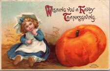 Vintage 1910 THANKSGIVING Postcard Girl / Big Pumpkin / Un-Signed Clapsaddle picture