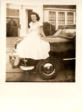 Vintage Photo 1940s Southern Woman Dressed Up Posed Sitting On Car 3.5x2.5 Sepia picture