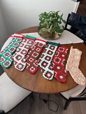 Vintage Crocheted Christmas Stocking Granny Squares Red White Green 16 Inches picture