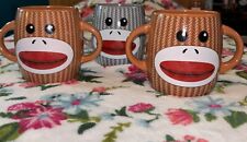 Galerie Sock Monkey Coffee Cocoa Mugs Cups 16 0z Double Handle Gray Brown Pair-3 picture
