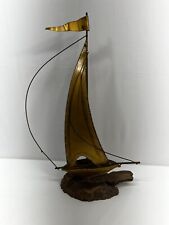 Vintage MCM Demott Brass Sailboat Ship Metal Sculpture On Wooden Base picture