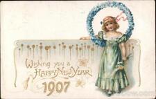 New Year/Lady 1906 Wishing you a Happy New Year-1907 Antique Postcard 1c stamp picture