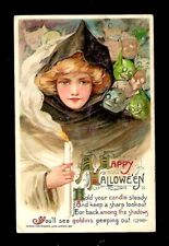 c1911 Winsch Halloween Postcard Goblins, Witch/Lady Black Hood Holding Candle picture