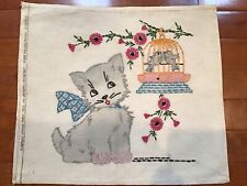 Vintage Possibly 1930s/1940s Embroidered Pillow Cover Cute Kitten Watching Birds picture