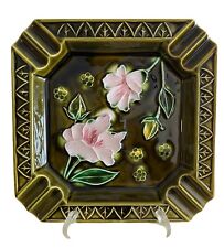 Vintage Ashtray / Brush Holder Ceramic 6.5”x6.5” Made In Japan Green Floral picture