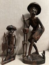 Two Vintage Asian Wood Fishermen’s Figurines Carved With Original Fishing Gear. picture