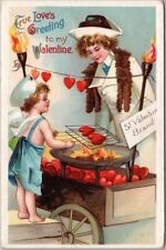 Vintage 1912 VALENTINE'S DAY Postcard Cupid Street Food Vendor w/ Roasted Hearts picture