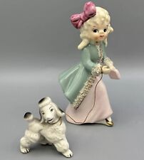Vintage Mid Century Porcelain Figurine Girl  poodle on Leash Japan 5” Spaghetti picture