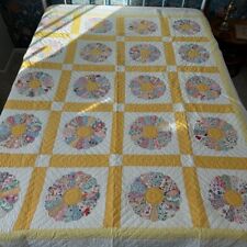 Vintage 1970s Handmade Floral Cotton Yellow Hand Stitched Patchwork Quilt picture
