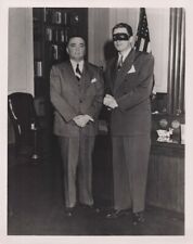 The Lone Ranger Clayton Moore in suit and mask stands with unidentified man 8x10 picture
