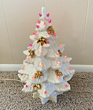 Vintage 70s Atlantic Mold Ceramic Christmas Tree White Gold Birds Pink Works picture