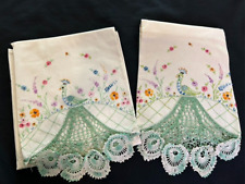 Vintage Peacock Pillowcase Pair  Hand Embroidered Green Crocheted Tail on White picture