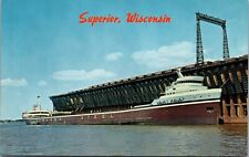 Superior WI Loading Ore Train Boxcars Great N. Docks Ryerson Ship Tug Postcard  picture