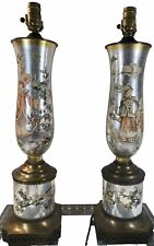 Rare Pair Hollywood Regency Chinoiserie Reverse Painted Lamps Eglomise Japan picture