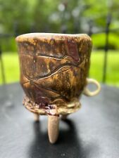 Vtg Brutalist Raku Studio Pottery Bowl Horn Footed Cauldron Pot w handle Signed picture